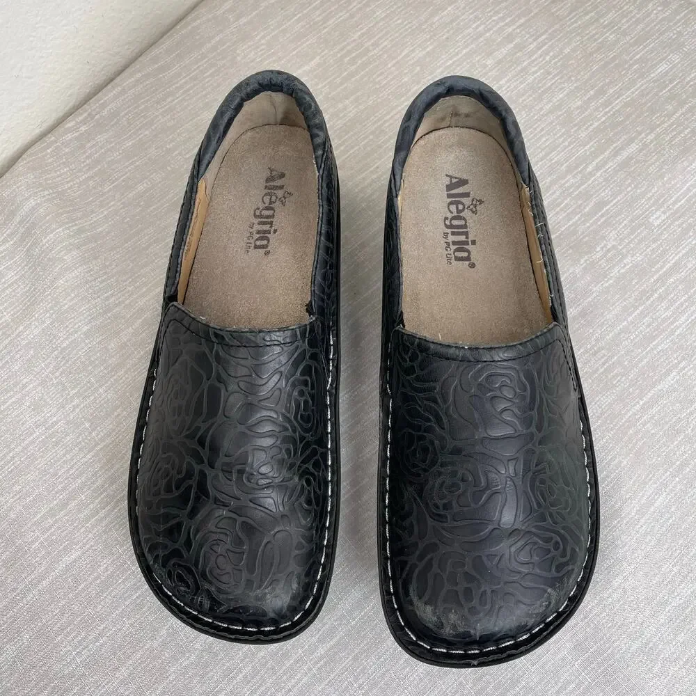 Alegria Women Black Floral Embossed Leather Slip On Comfort Shoes Size 41